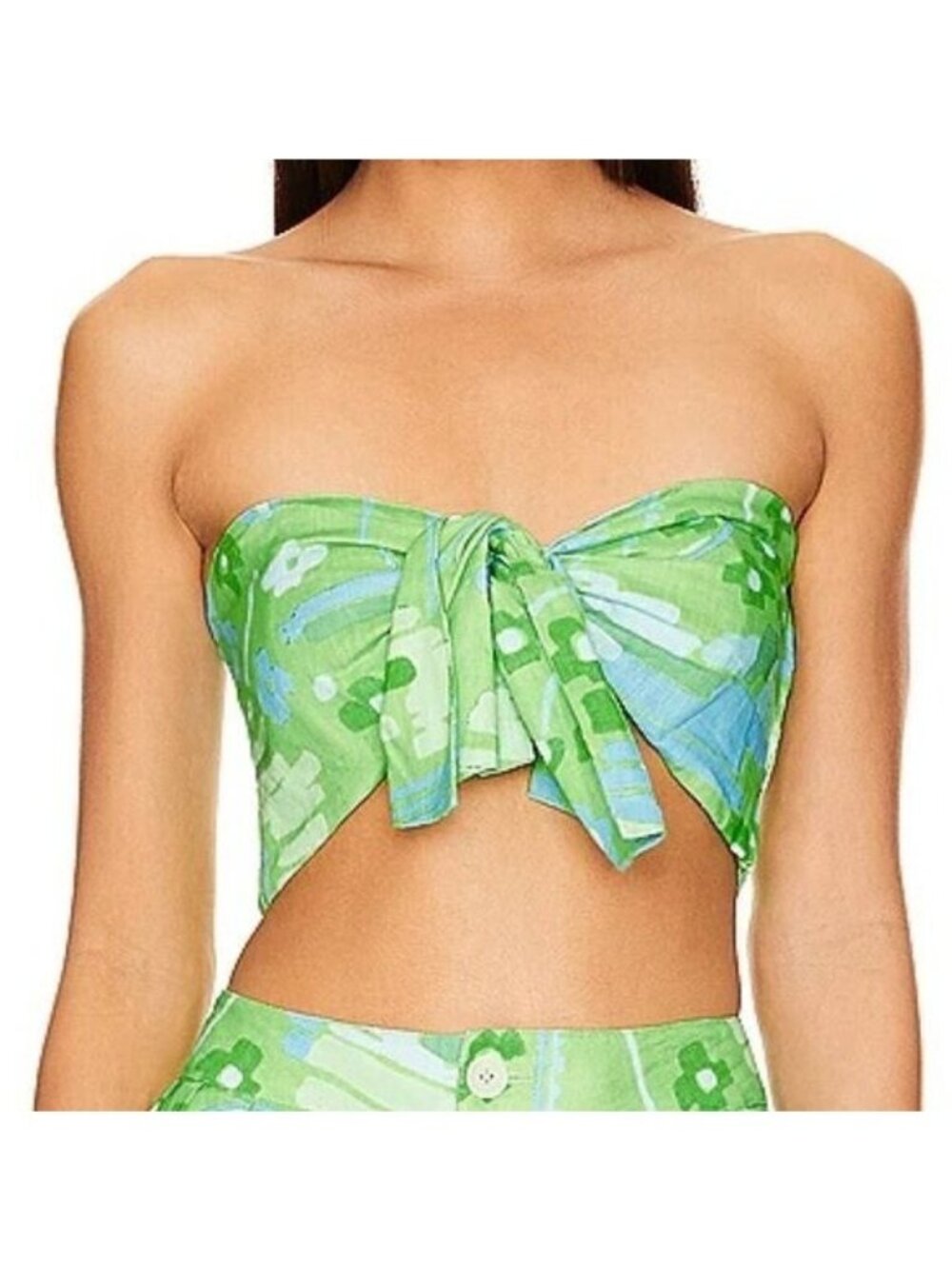 NWT RHODE TONI GREEN LINEN BANDEAU TOP IN ELECTIRC EDEN PRINT SIZE XS